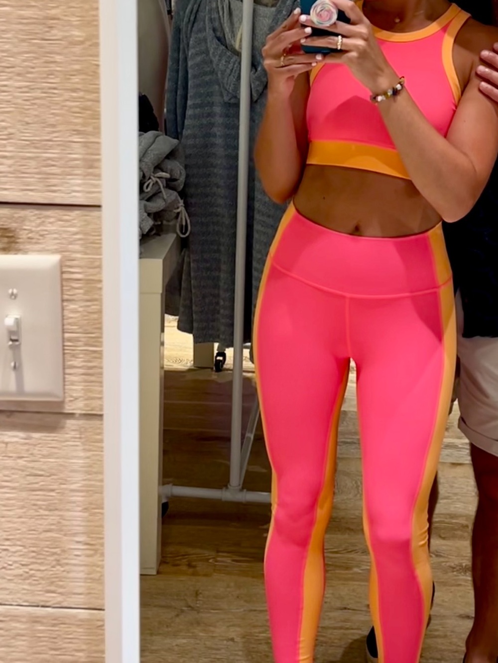 High-Rise Pink & Orange Colorblock Leggings and Sports Bra  — Women's Activewear